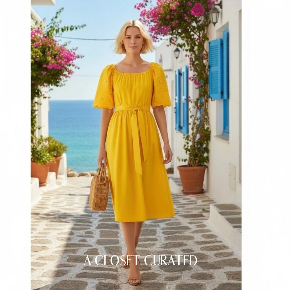 Merlette Cotton Belted Eyelet Maxi Dress XS Yellow NEW